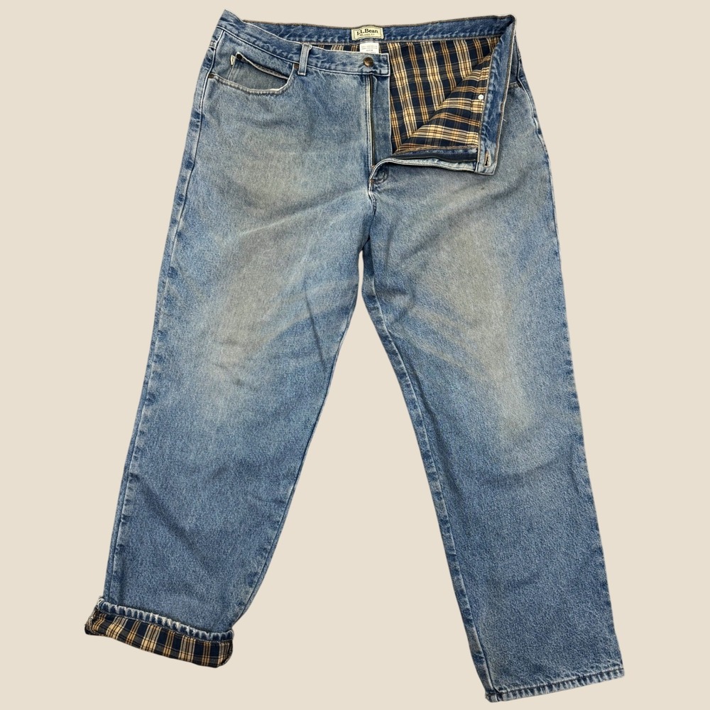 L.L. Bean Flannel Lined Jeans Men 42x34 Blue Relaxed Fit Denim Outdoor Workwear